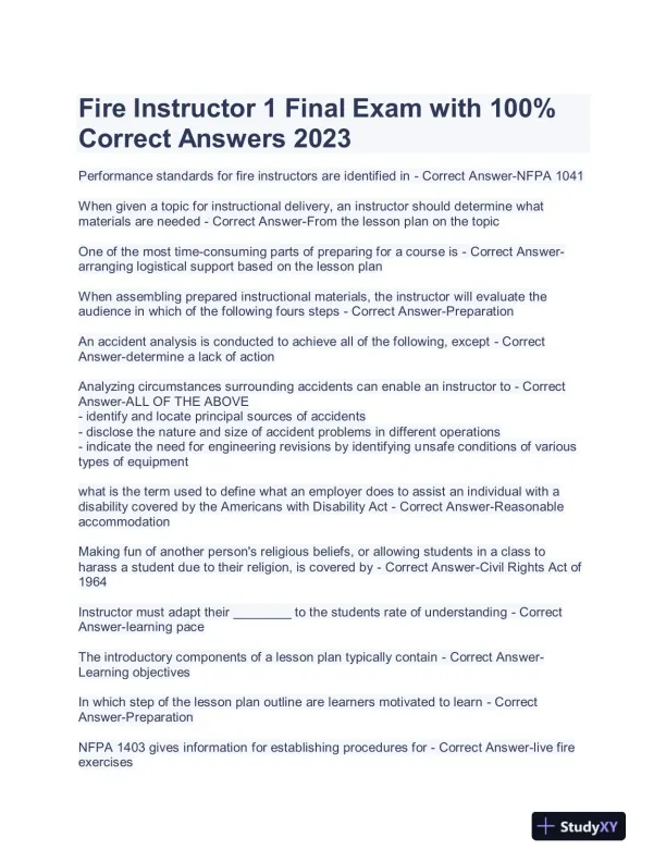 2023 Fire Instructor Management Final Exam With Answers (401 Solved Questions) - Page 1 preview image