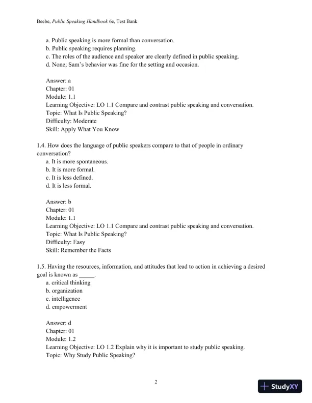 Test Bank for Public Speaking Handbook, 6th Edition - Page 4 preview image