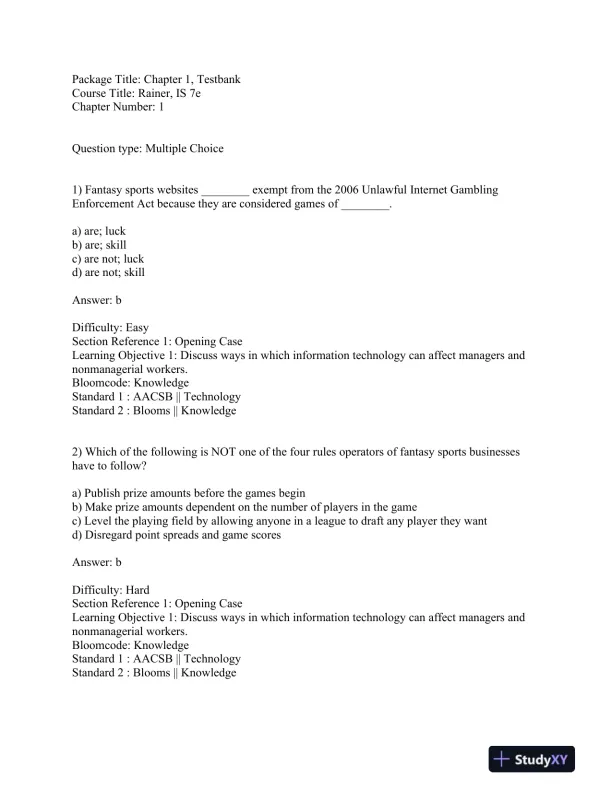 Introduction to Information Systems, 7th Edition Test Bank - Page 1 preview image