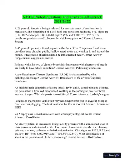 2021-2022 AMLS Pretest Practice Exam with Answers (50 Solved Questions) - Page 1 preview image