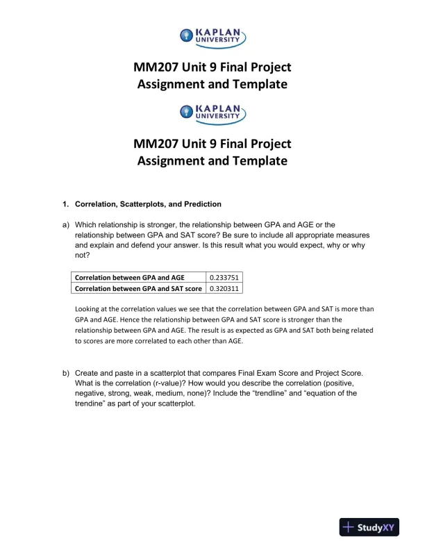 MM207 Unit 9 Final Project Assignment and Template Kaplan University - Page 1 preview image