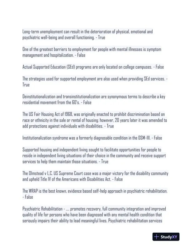 2024 Psychiatric Rehabilitation CPRP Exam With Answers (384 Solved Questions) - Page 7 preview image