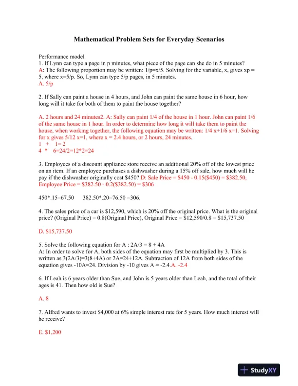 Mathematical Problem Sets for Everyday Scenarios - Page 1 preview image
