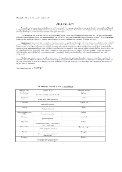 Cell Analogy Project Guidelines - Page 1 preview image