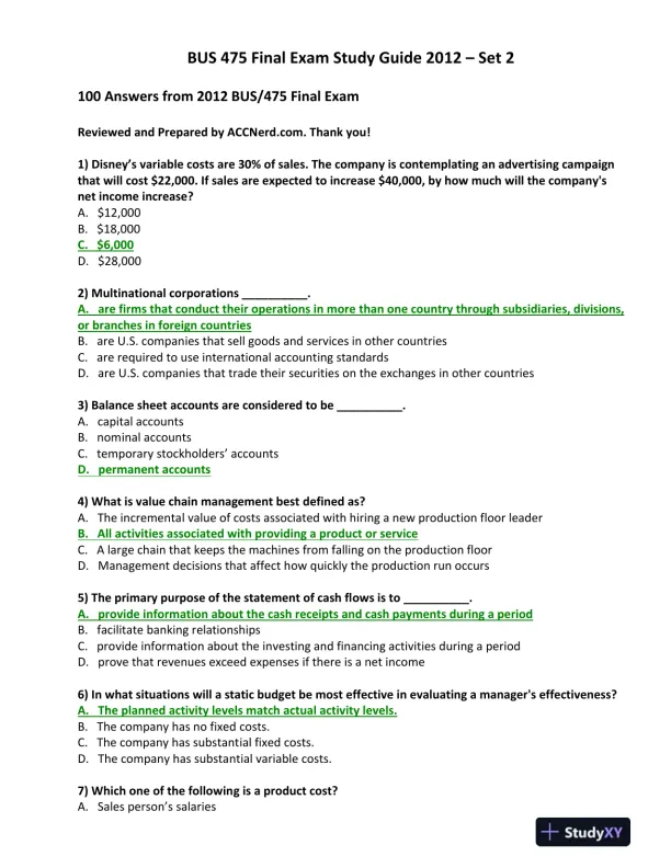 BUS 475 Final Exam Study Guide 2012 � Set 2 - Page 1 preview image