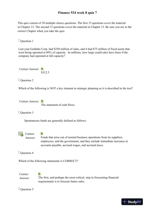 Finance 534 Week 8 Quiz 7 - Page 1 preview image