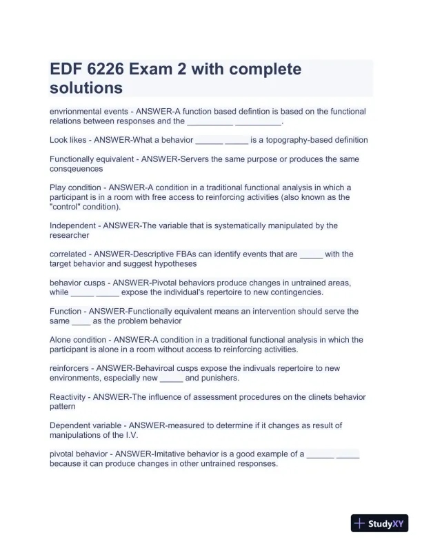 EDF6226 Practice Exam 2 with Answers (71 Solved Questions) - Page 1 preview image