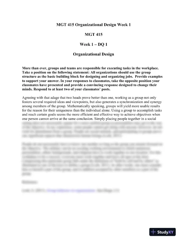 MGT 415 Organizational Design Week 1 - Page 1 preview image