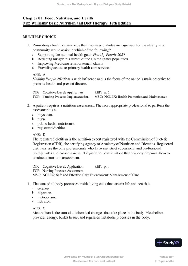 Test Bank for Williams' Basic Nutrition and Diet Therapy, 16th Edition (Chapters 1-23) - Page 1 preview image