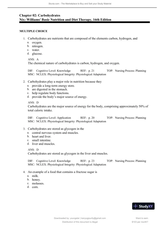 Test Bank for Williams' Basic Nutrition and Diet Therapy, 16th Edition (Chapters 1-23) - Page 13 preview image