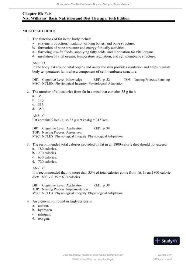 Test Bank for Williams' Basic Nutrition and Diet Therapy, 16th Edition (Chapters 1-23) - Page 22 preview image