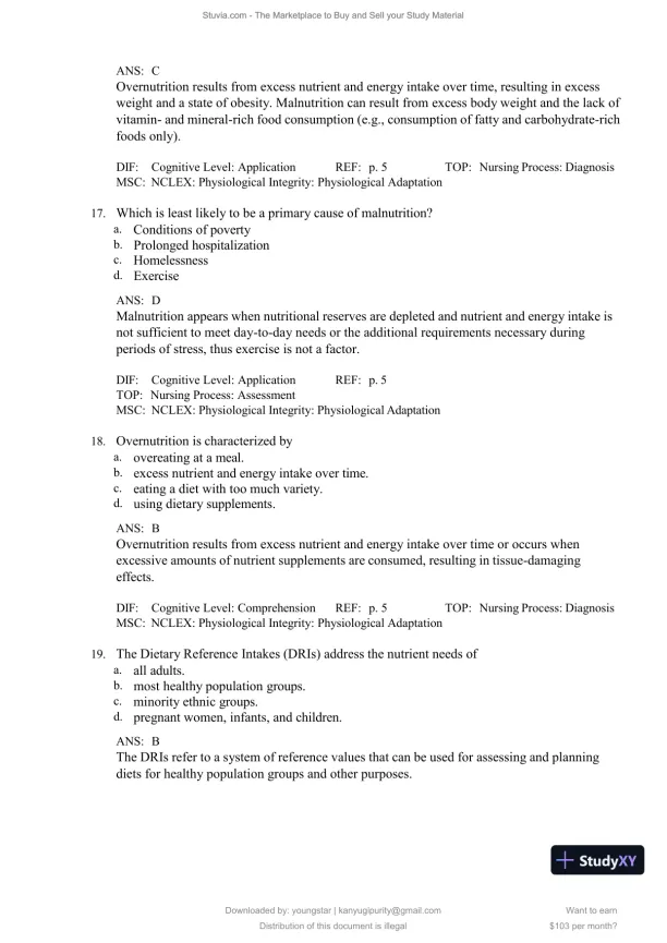 Test Bank for Williams' Basic Nutrition and Diet Therapy, 16th Edition (Chapters 1-23) - Page 7 preview image