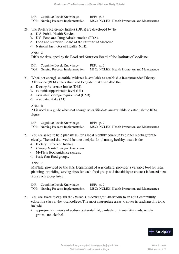 Test Bank for Williams' Basic Nutrition and Diet Therapy, 16th Edition (Chapters 1-23) - Page 8 preview image