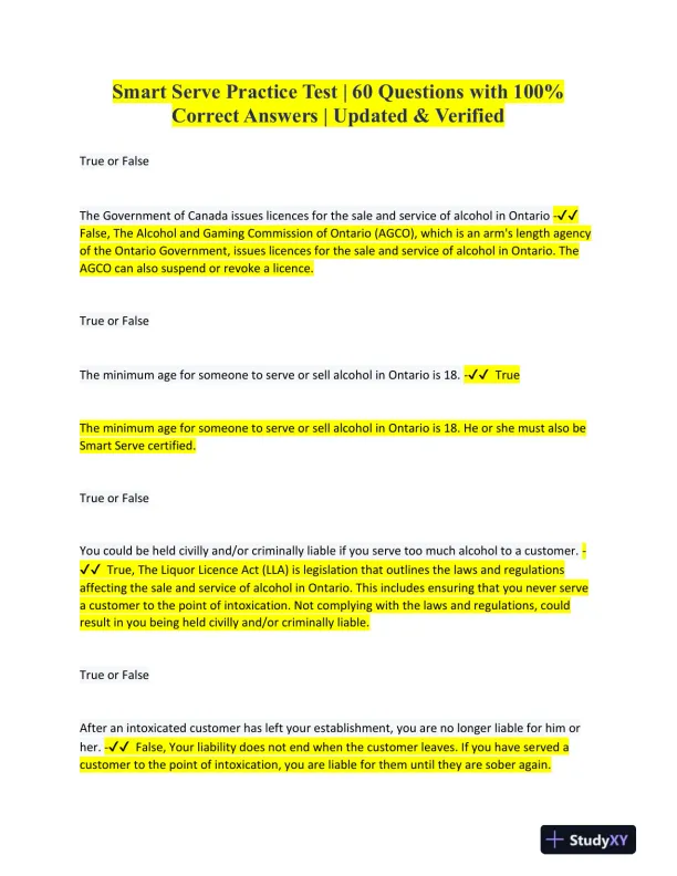 Smart Serve Criminal Law Practice Test With Answers (56 Solved Questions) - Page 1 preview image
