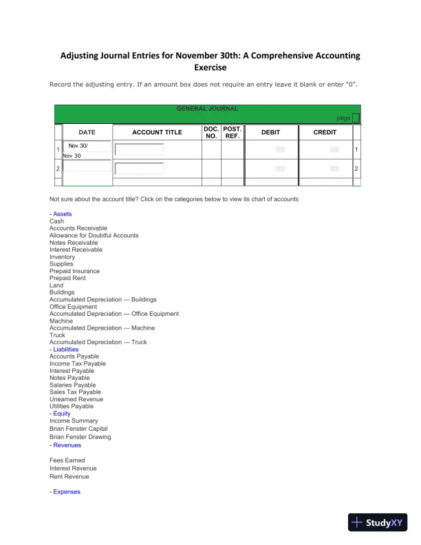 Adjusting Journal Entries For November 30th: A Comprehensive Accounting Exercise - Page 1 preview image