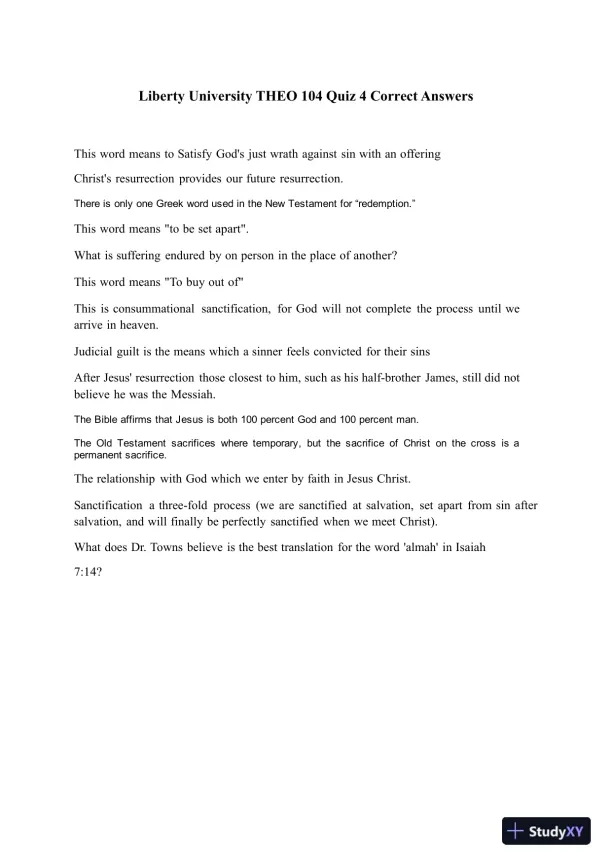 Liberty University THEO 104 Quiz 4 Correct Answers - Page 1 preview image
