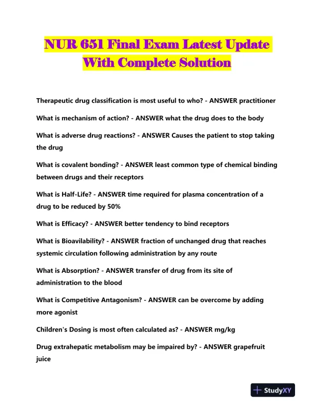 NUR651 Pharmacology Final Exam With Answers (158 Solved Questions) - Page 1 preview image