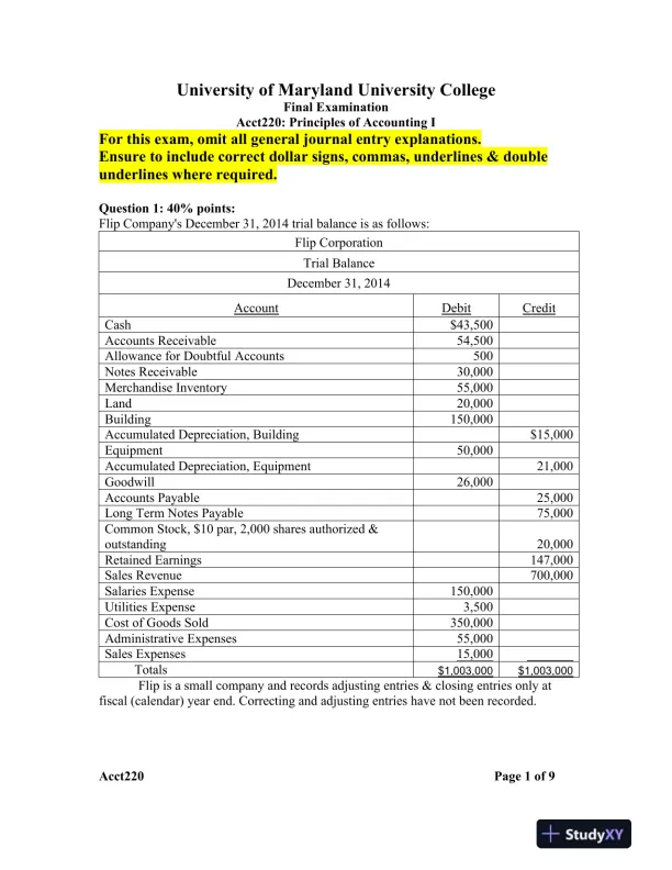 Acct220: Principles of Accounting I University of Maryland University College - Page 1 preview image