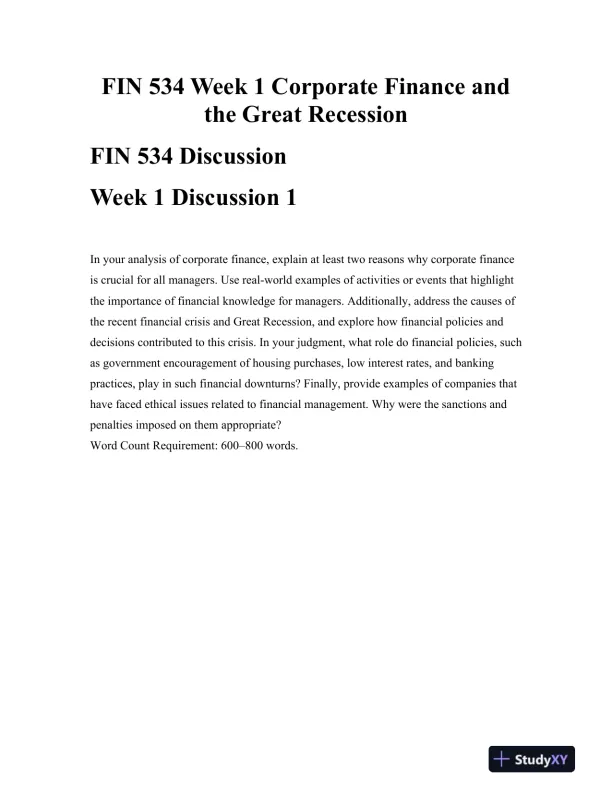 FIN 534 Week 1 Corporate Finance and the Great Recession - Page 1 preview image