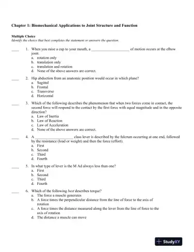 Joint Structure and Function: A Comprehensive Analysis 5th Edition Test Bank - Page 1 preview image