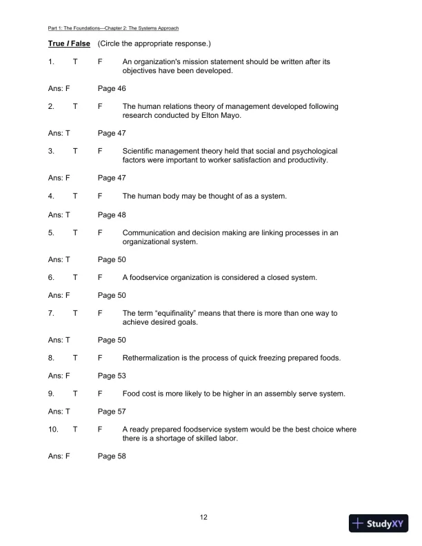Foodservice Management: Principles And Practices, 12th Edition Test Bank - Page 15 preview image
