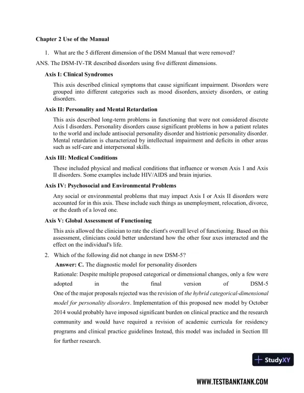 Diagnostic and Statistical Manual of Mental Disorders 5th Edition Test Bank - Page 10 preview image