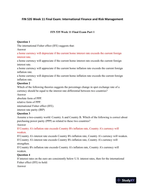 FIN 535 Week 11 Final Exam: International Finance and Risk Management - Page 1 preview image