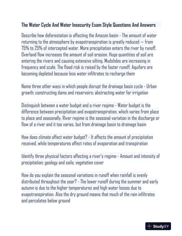 The Water Cycle And Water Insecurity Exam With Answers (32 Solved Questions) - Page 1 preview image