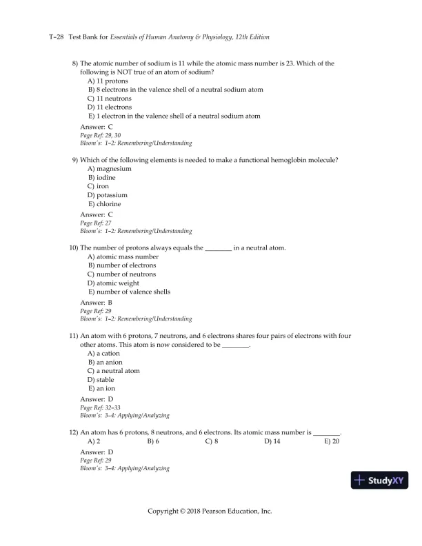 Test Bank for Essentials of Human Anatomy and Physiology, 12th Edition - Page 31 preview image