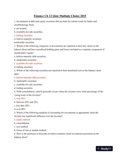 Finance Ch 13 Quiz: Investment and Securities Accounting 2015 - Page 1 preview image