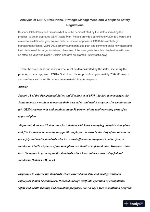 Analysis of OSHA State Plans, Strategic Management, and Workplace Safety Regulations - Page 1 preview image