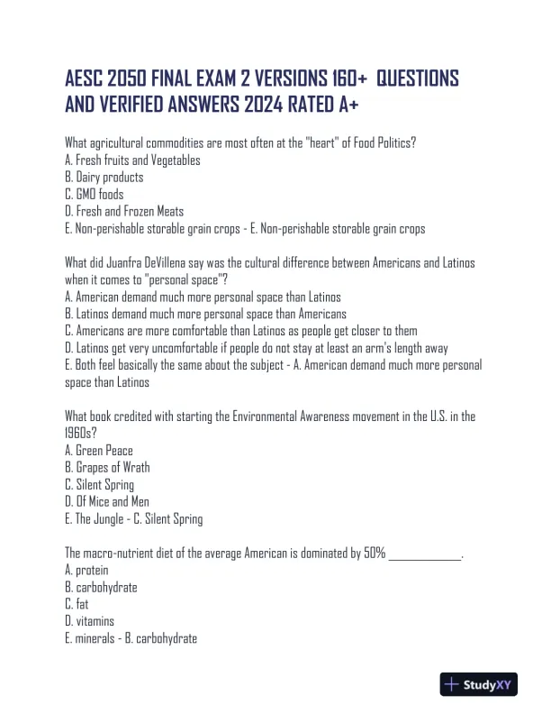 AESC2050 Final Exam With Answers (237 Solved Questions) - Page 1 preview image