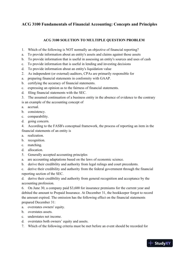 ACG 3100 Fundamentals of Financial Accounting: Concepts and Principles - Page 1 preview image