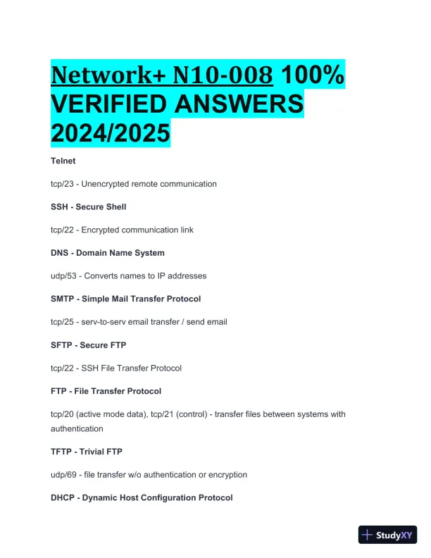 2024-2025 Network+ N10-008 Practice Exam with Answers (134 Solved Questions) - Page 1 preview image