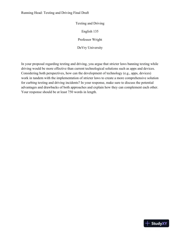 English 135 : Texting and Driving Final Draft - Page 1 preview image