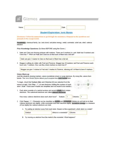 Ionic Bonds Student Exploration Sheet - Page 1 preview image