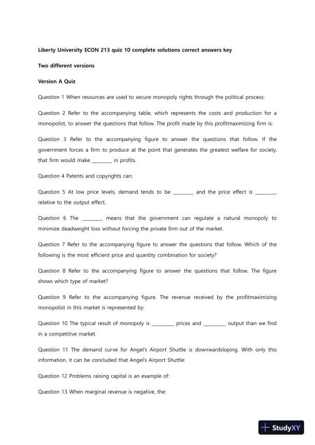 Liberty University ECON 213 Quiz 10 Complete Solutions Correct Answers Key - Page 1 preview image