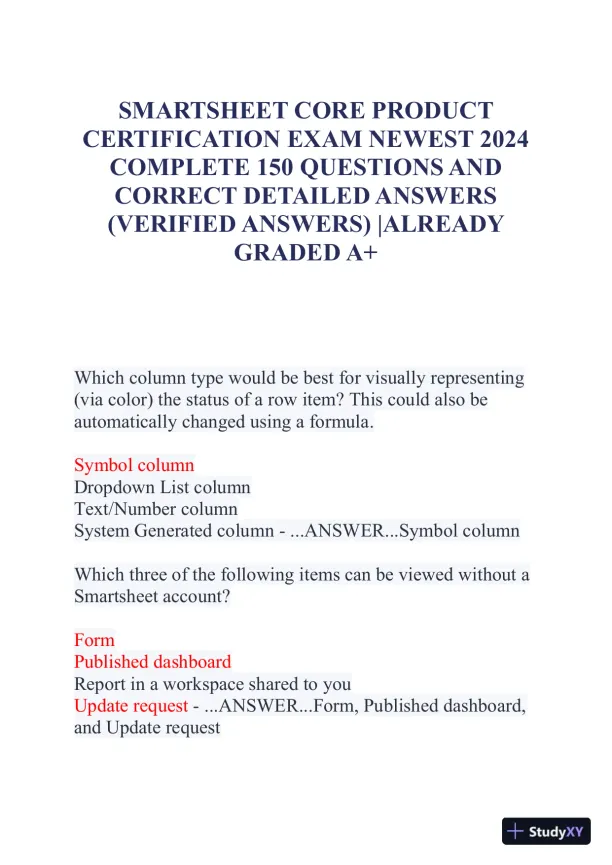 2024 Excel Crash Certification Exam With Answers (150 Solved Questions) - Page 1 preview image
