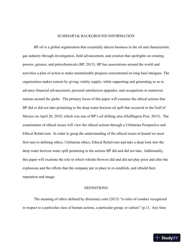 Ethical Analysis of BP's Actions in the Deepwater Horizon Oil Spill: A Utilitarian and Relativist Perspective - Page 3 preview image