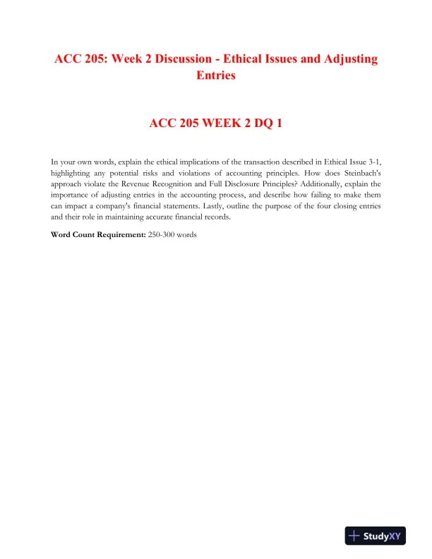 ACC 205: Week 2 Discussion - Ethical Issues and Adjusting Entries - Page 1 preview image