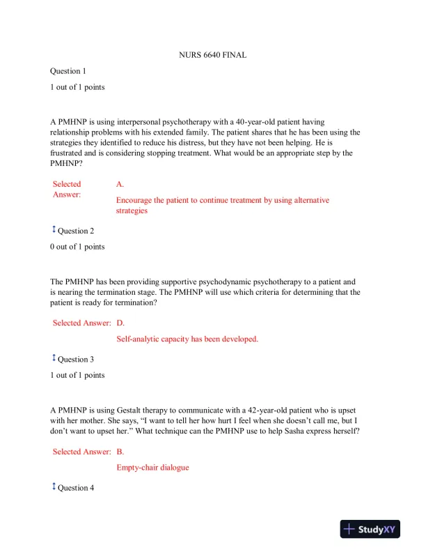 NURS6640 Mental Health Final Exam With Answers (75 Solved Questions) - Page 1 preview image