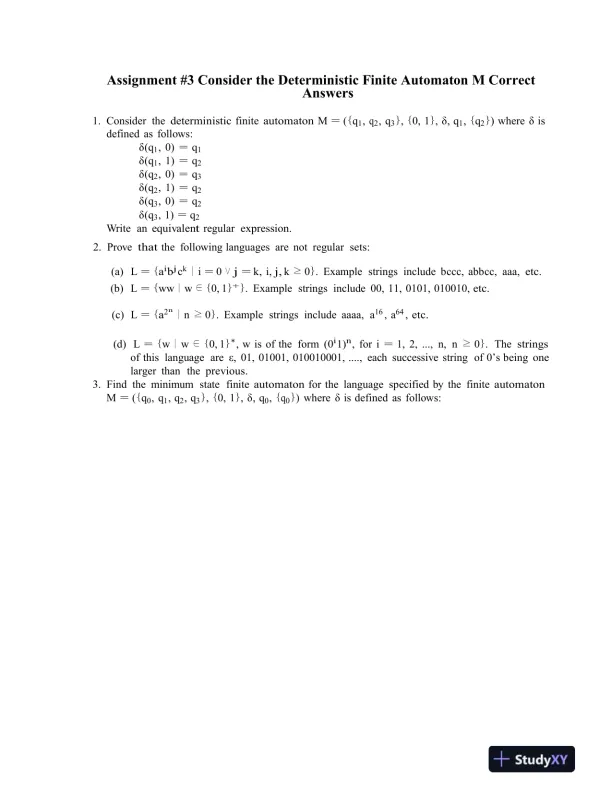 Assignment #3 Consider the Deterministic Finite Automaton M Correct Answers - Page 1 preview image