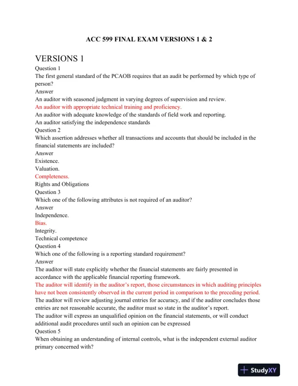 ACC 599 Final Exam VERSIONS 1 & 2 - Page 1 preview image