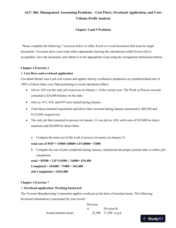 ACC 206: Management Accounting Problems � Cost Flows, Overhead Application, and Cost-Volume-Profit Analysis - Page 1 preview image