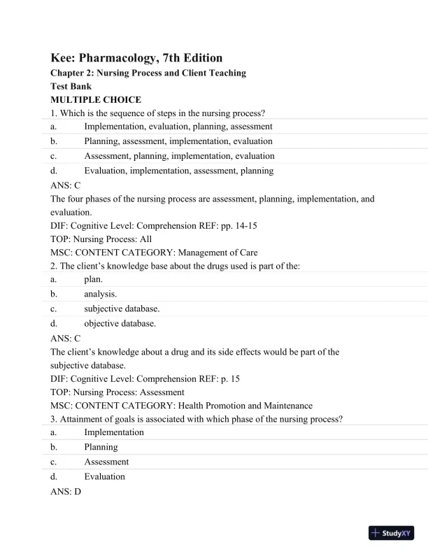 Pharmacology: A Patient-Centered Nursing Process Approach, (Kee, Pharmacology) 8th Edition Test Bank - Page 13 preview image