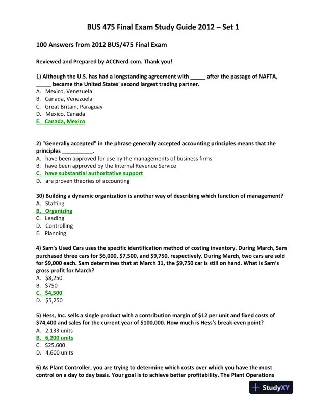 BUS 475 Final Exam Study Guide 2012 � Set 1 - Page 1 preview image