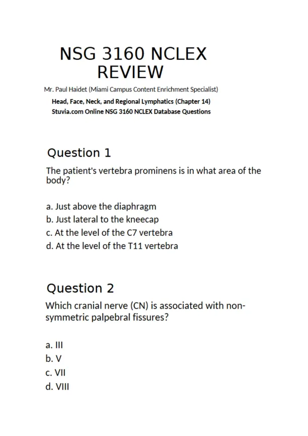 NSG 3160 NCLEX Review Chapter 14 - Page 1 preview image