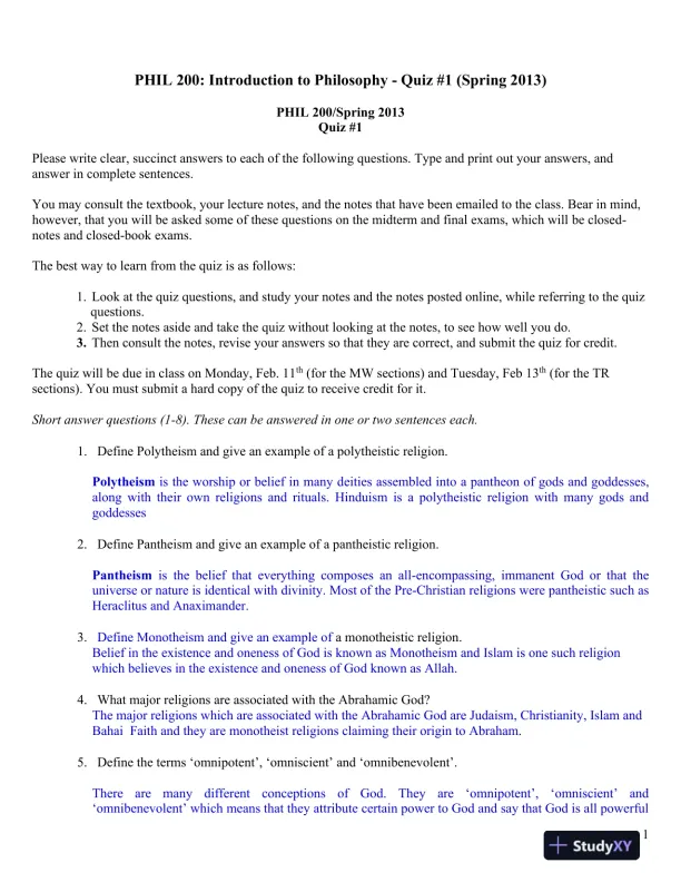 PHIL 200: Introduction to Philosophy - Quiz #1 (Spring 2013) - Page 1 preview image