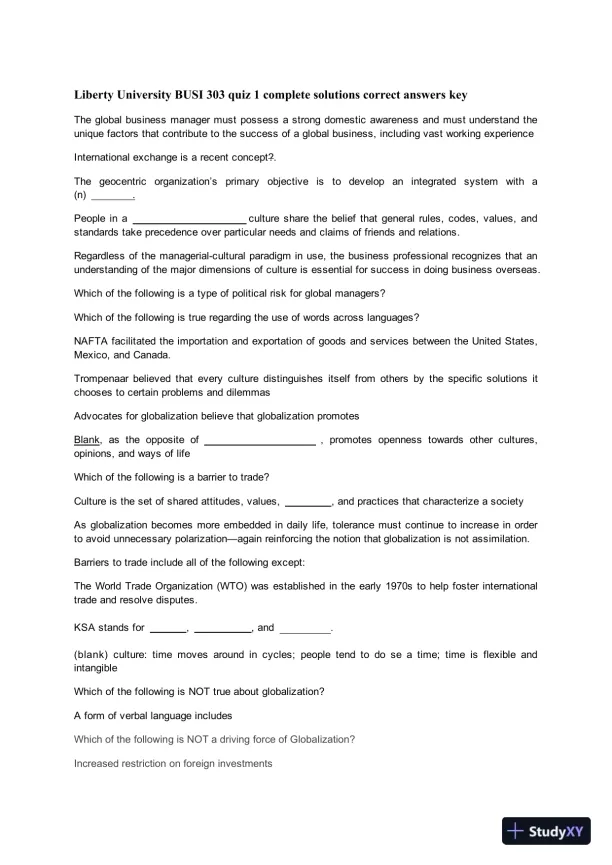 Liberty University BUSI 303 Quiz 1 Complete Solutions Correct Answers Key - Page 1 preview image