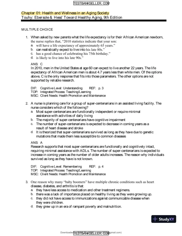 Ebersole And Hess' Toward Healthy Aging: Human Needs And Nursing Response, 9th Edition Test Bank - Page 1 preview image